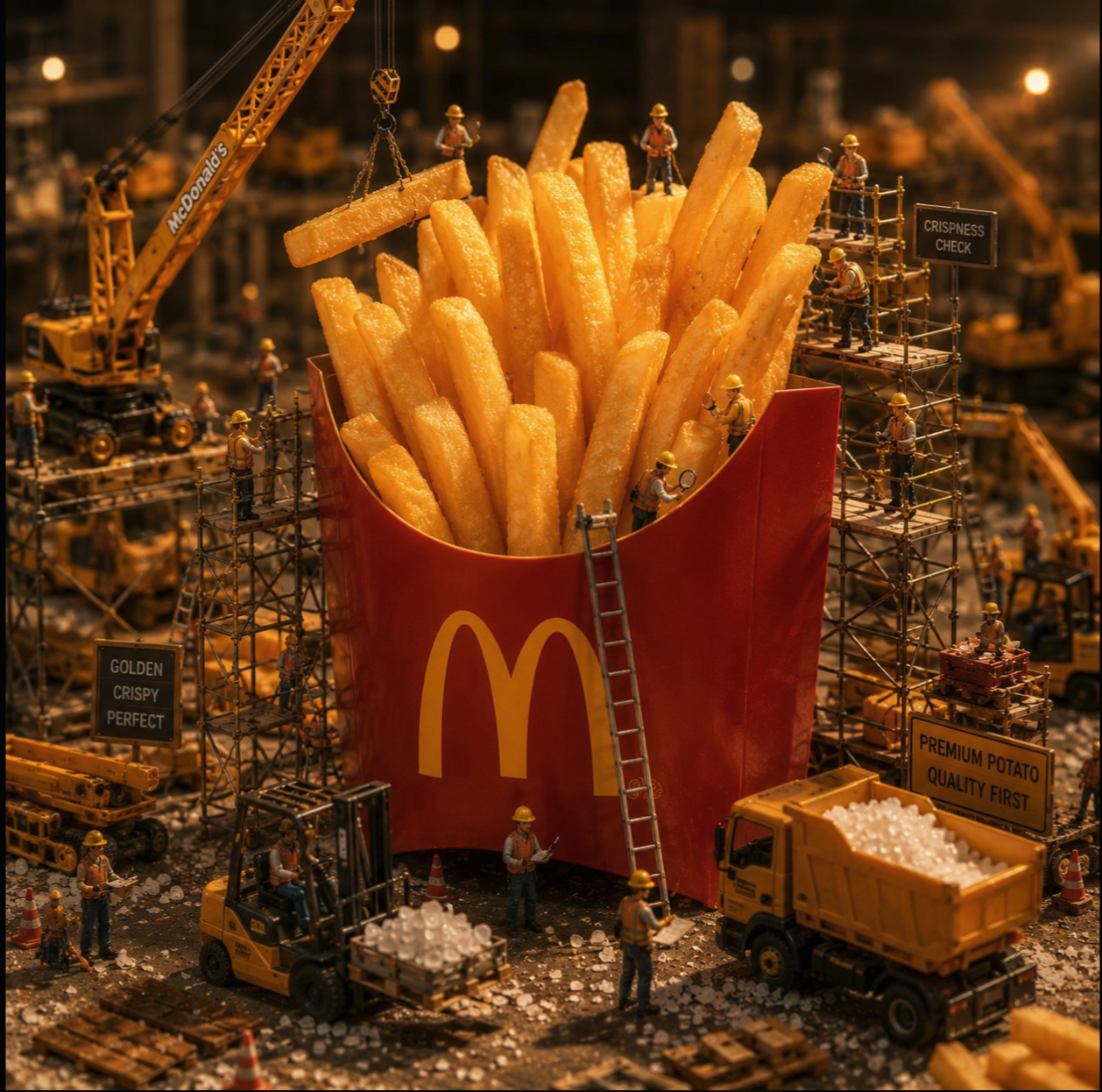 A miniature diorama showing construction workers and cranes around a giant McDonald's french fry container with the golden arches logo.