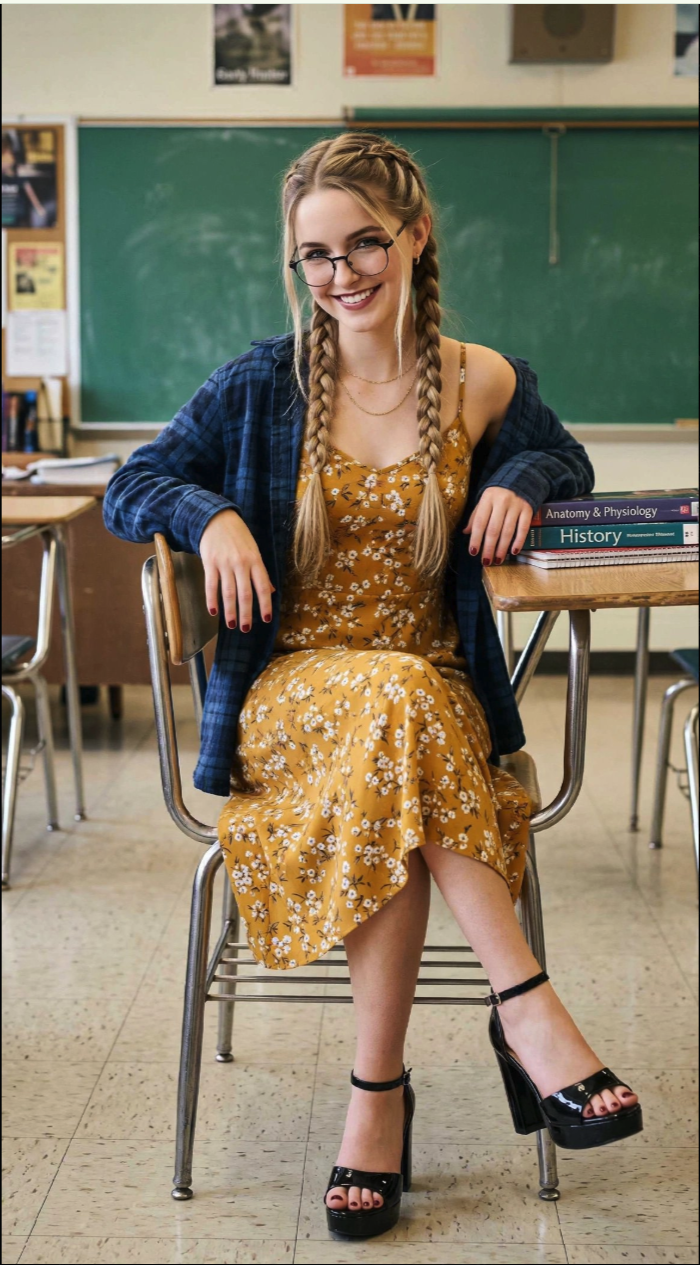 A young woman resembling Mckenna Grace seated on a chair in a classroom, wearing glasses and a yellow floral dress under a blue plaid shirt.