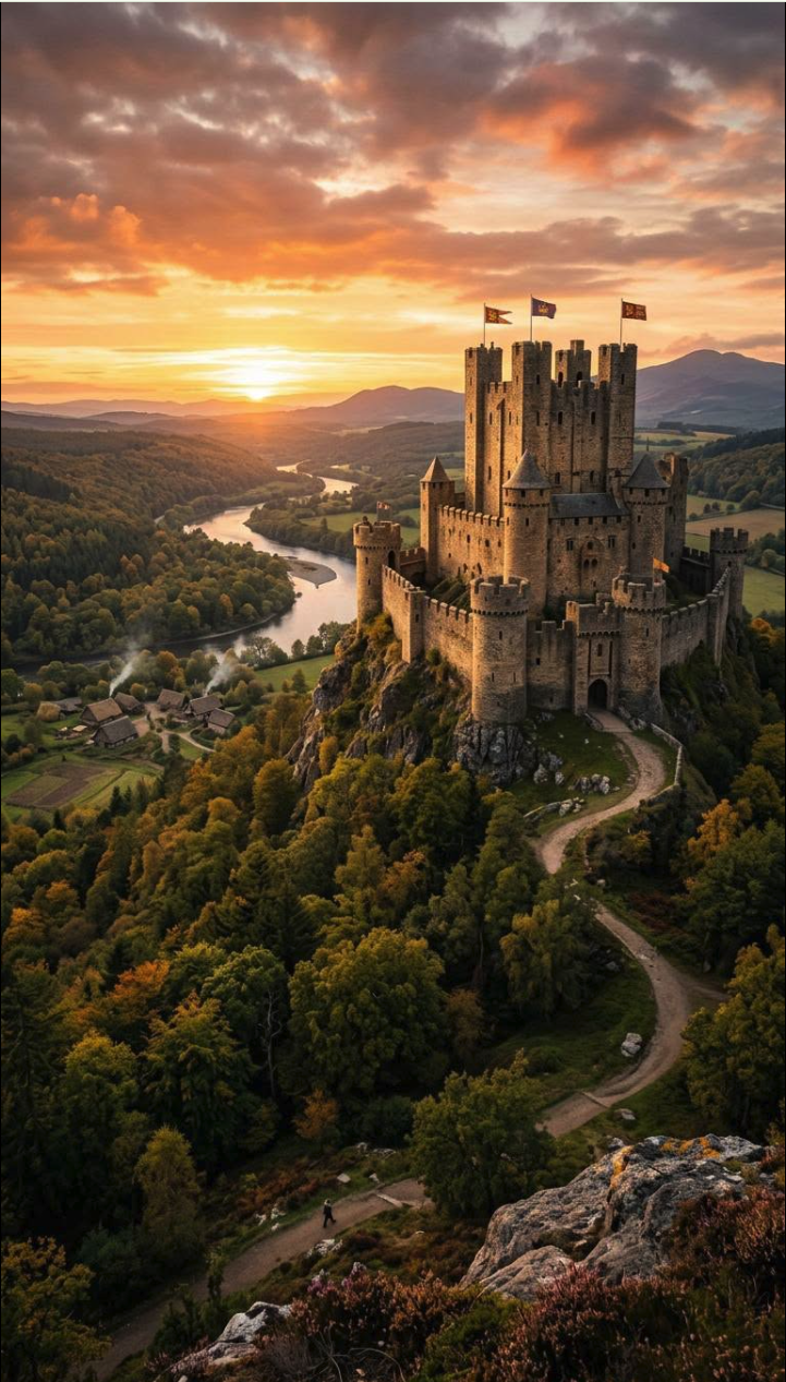 A stone medieval castle with flags atop a forested rocky hill, beside a winding river at sunset with a small village below.