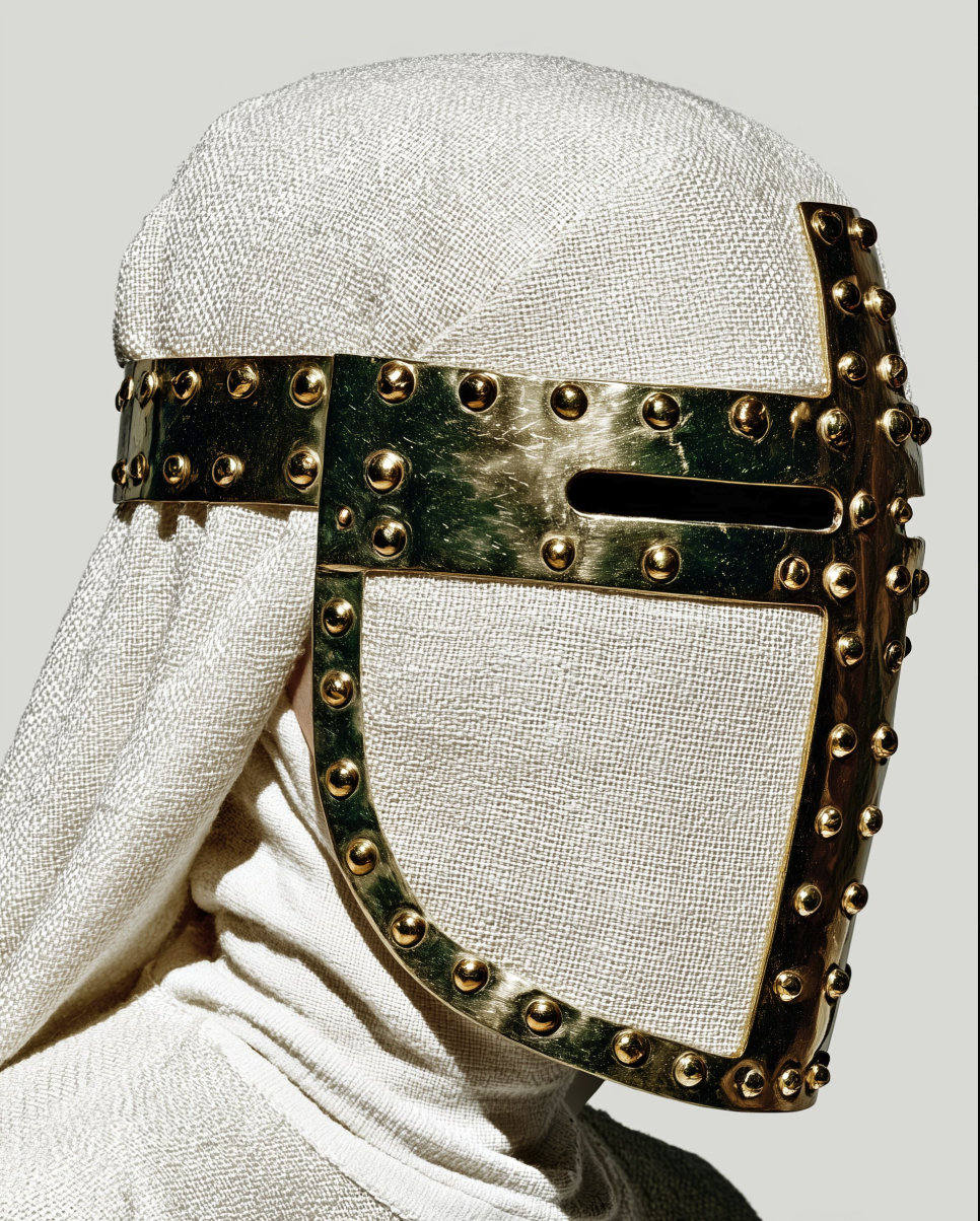 A figure in a medieval-style great helm with brass studded trim and a narrow eye slit, draped in white cloth against a plain background.