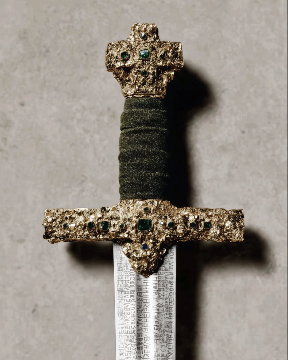 An ornate sword with a textured gold crossguard and pommel set with green gemstones, a dark-wrapped grip, and a polished blade.