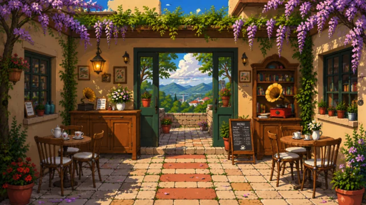 A stylized illustration of a sunlit Mediterranean courtyard café with hanging wisteria, small tea tables, and open doors framing a mountain view.