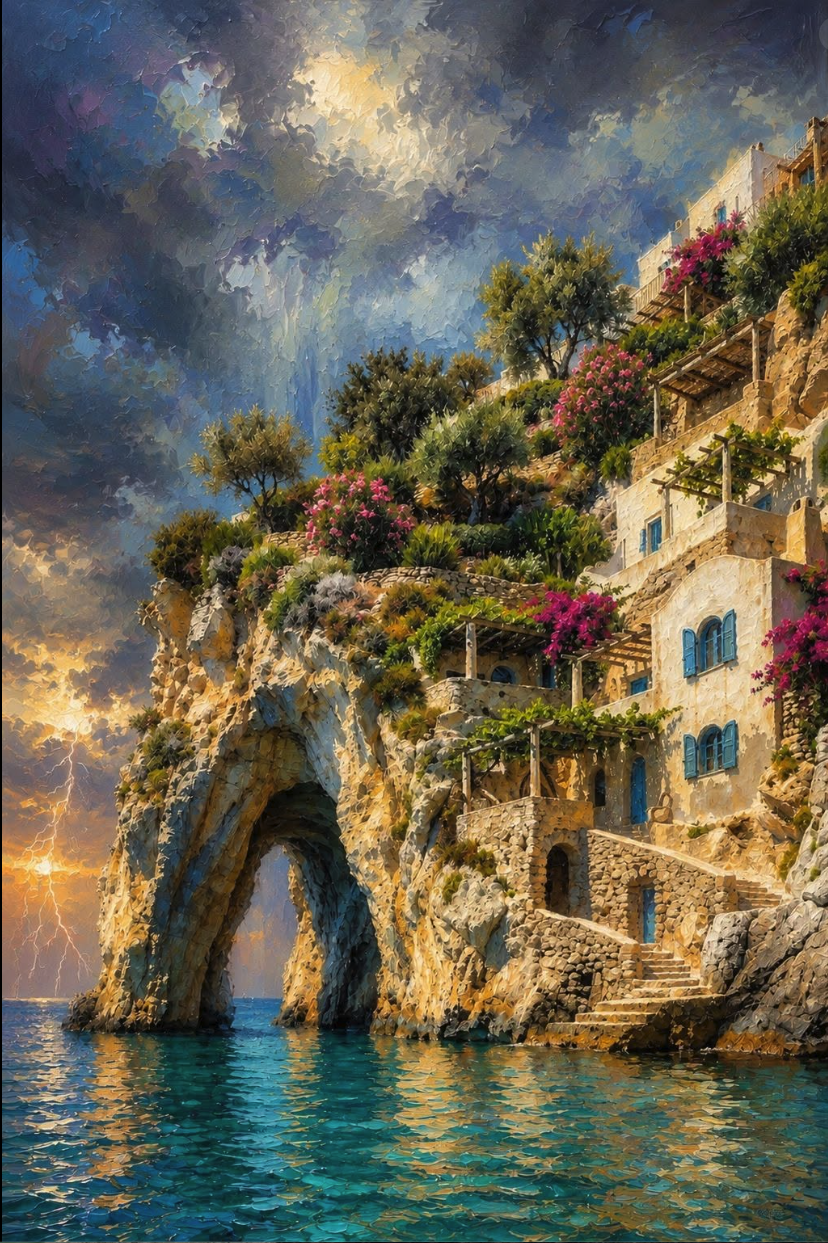 An AI-generated painting of a Mediterranean-style cliffside village with a natural stone arch over turquoise water.