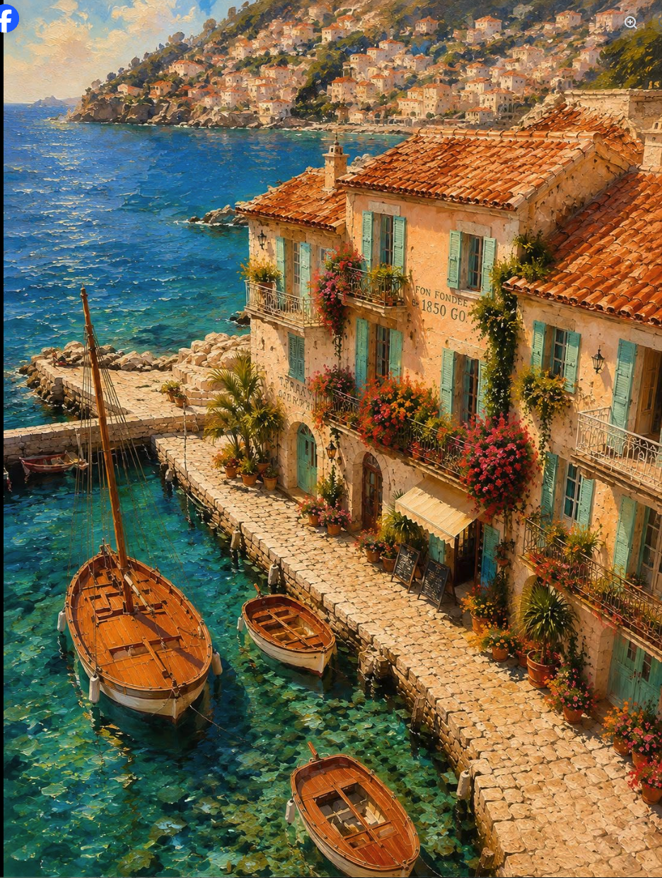 A painterly AI-generated scene of a Mediterranean coastal village with wooden boats moored at a stone dock beside turquoise water.