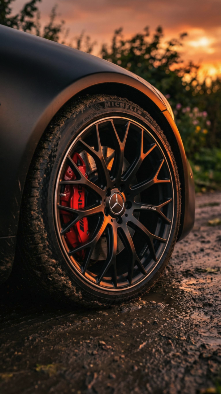 A close-up of a black Mercedes-AMG alloy wheel with a Michelin tire and red AMG brake caliper on a gravel road at sunset.