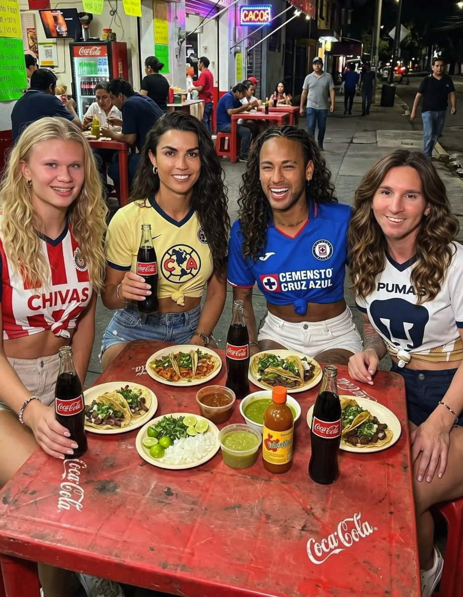 Four people resembling famous footballers, two women and two men, seated at a red Coca-Cola table with tacos and sodas at an outdoor Mexican eatery.