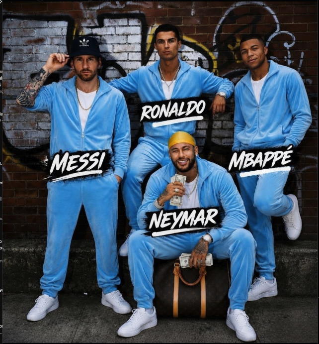 Four men resembling Messi, Ronaldo, Mbappé, and Neymar in matching blue tracksuits posed against a brick wall.