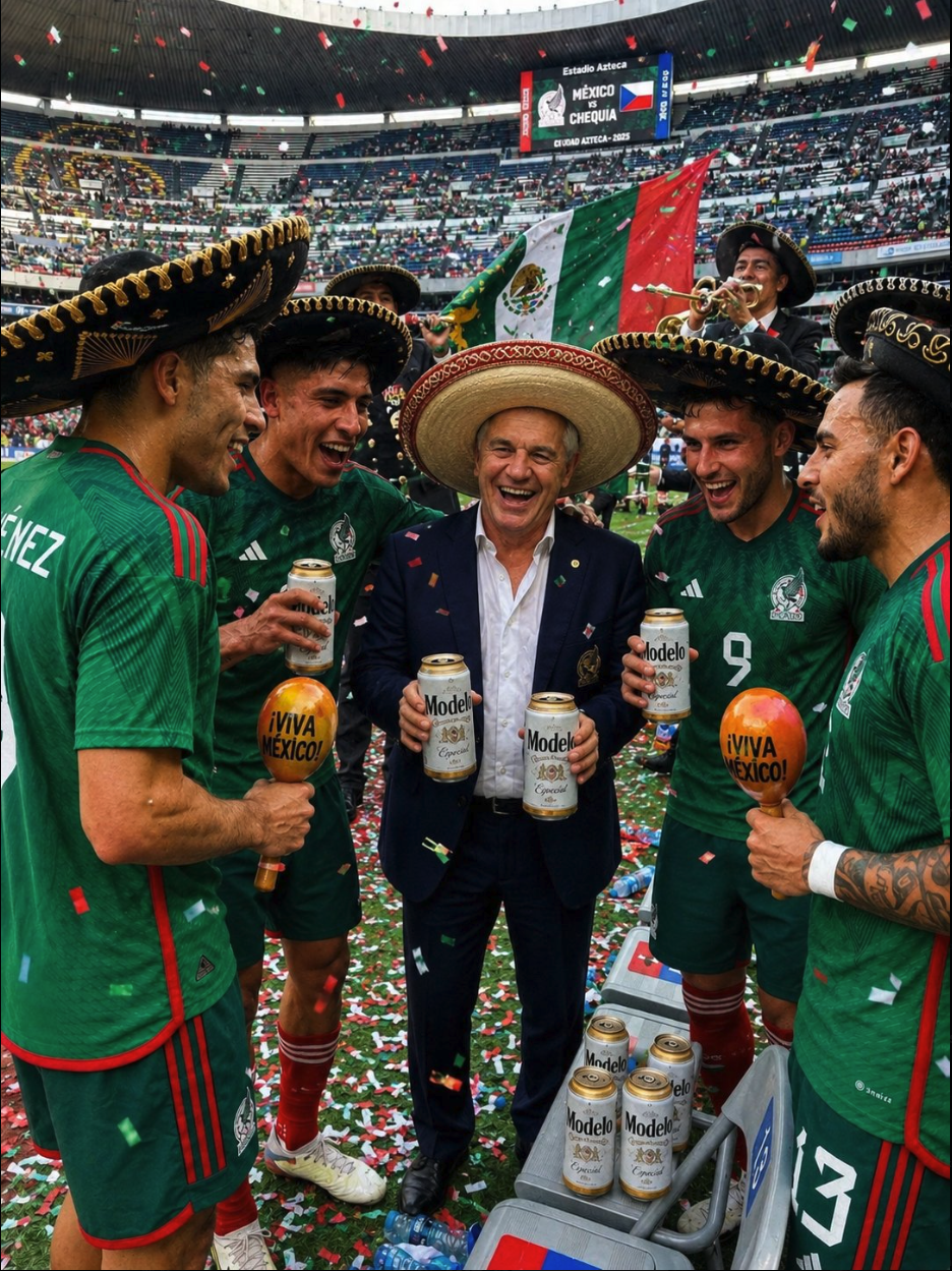 Soccer players in green Mexico jerseys celebrating with an older man wearing a sombrero on the pitch at Estadio Azteca.
