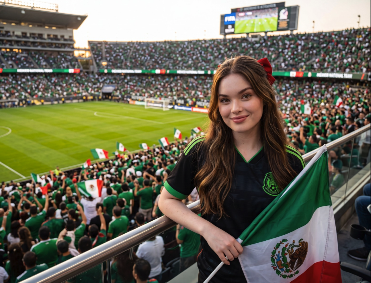 A young woman with long brown hair and a red bow, holding a Mexican flag in a packed soccer stadium.