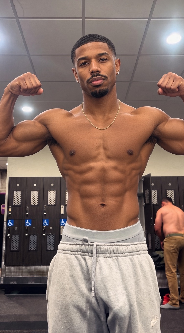 A man resembling Michael B. Jordan, shirtless and flexing, posing for a selfie in a locker room with lockers visible behind him.