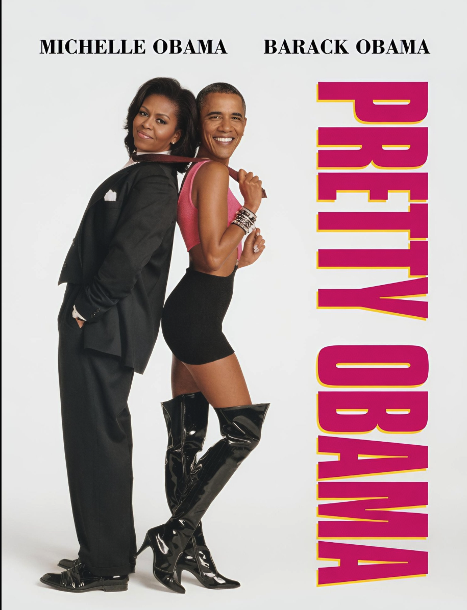 Two figures resembling Michelle Obama and Barack Obama posing back-to-back in a magazine-cover style image captioned 'PRIVILEGED'.