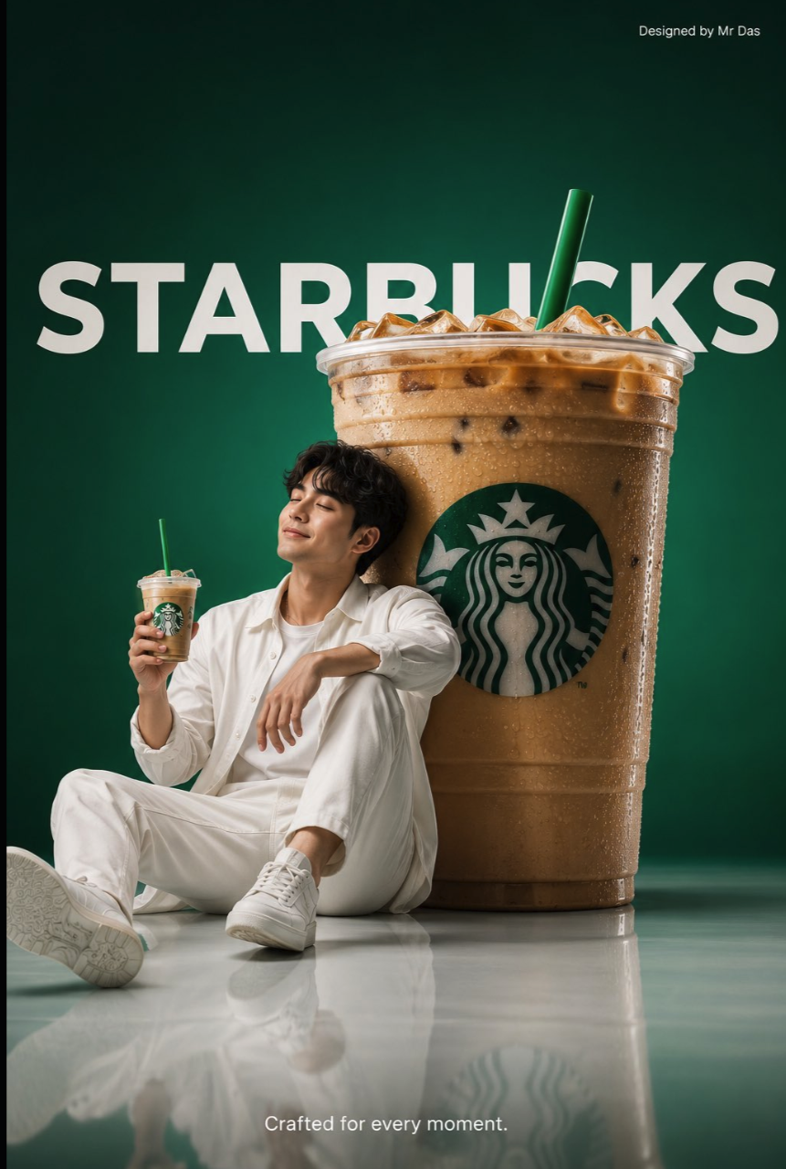 A man seated on a reflective floor beside a large Starbucks iced coffee cup against a green background.