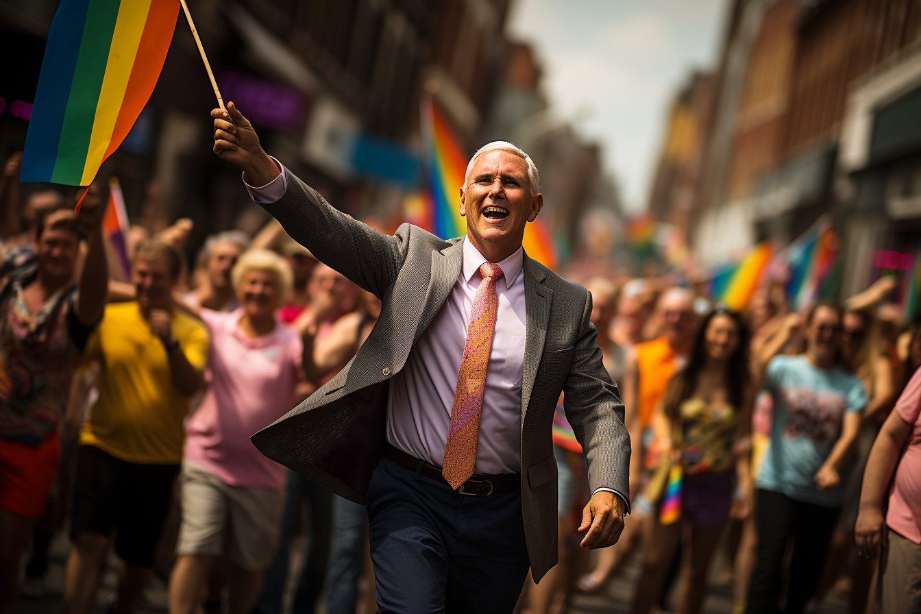A man resembling Mike Pence holding a rainbow Pride flag while walking through a crowd on a city street.