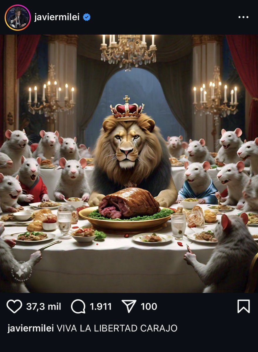 An AI-generated illustration of a lion wearing a crown seated at an ornate banquet table surrounded by white rats, with a large roast centerpiece.