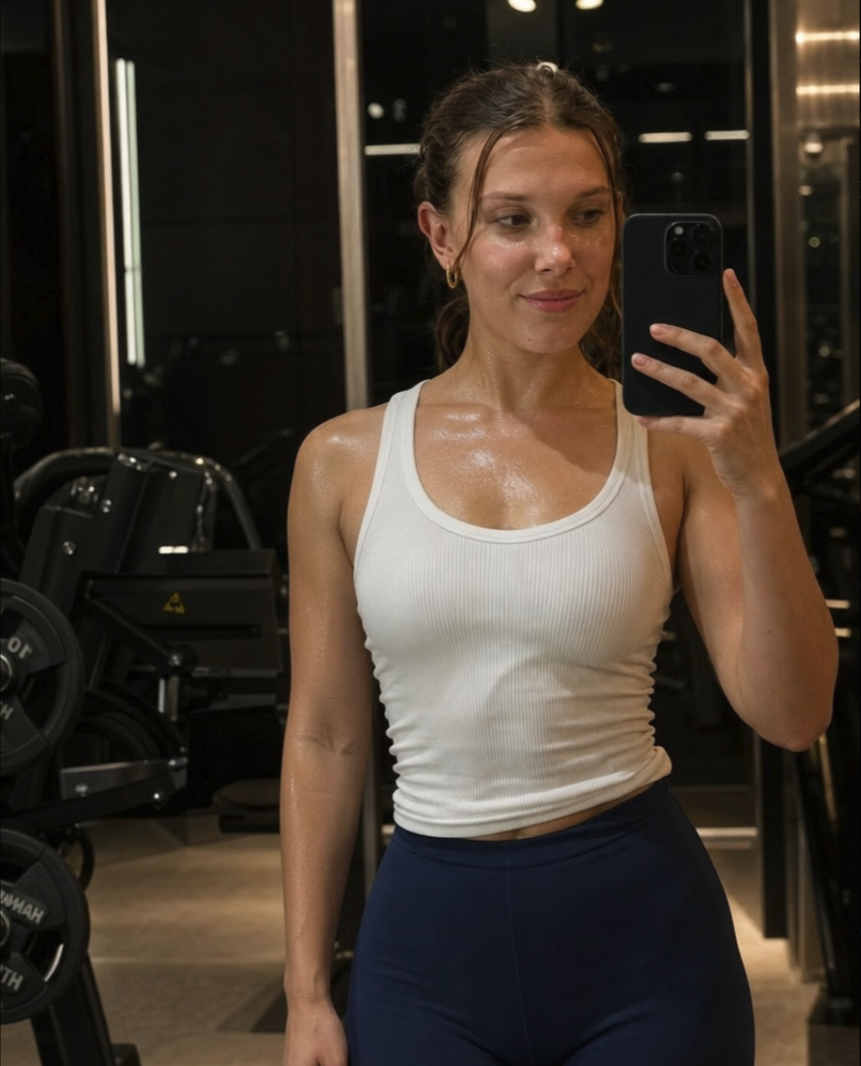 A woman resembling Millie Bobby Brown takes a sweaty mirror selfie with a smartphone in a gym.