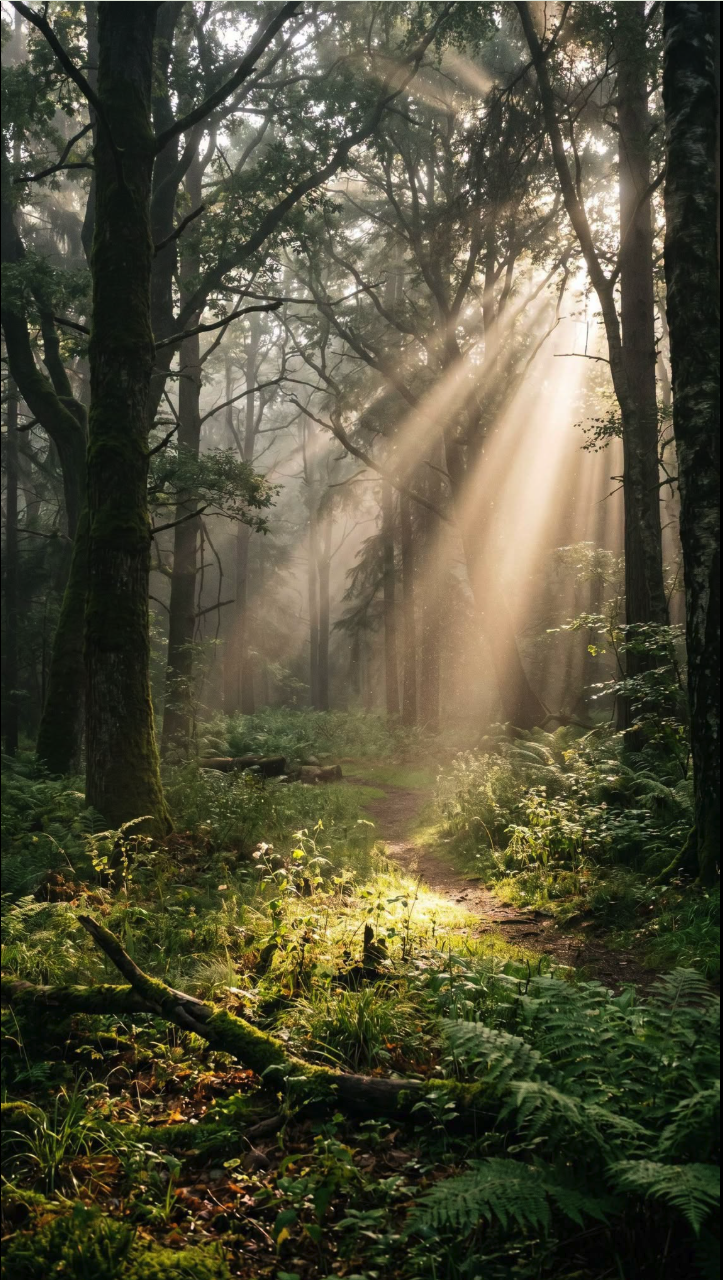 A misty forest path winding through ferns and moss, with sunlight streaming through tall trees in morning haze.