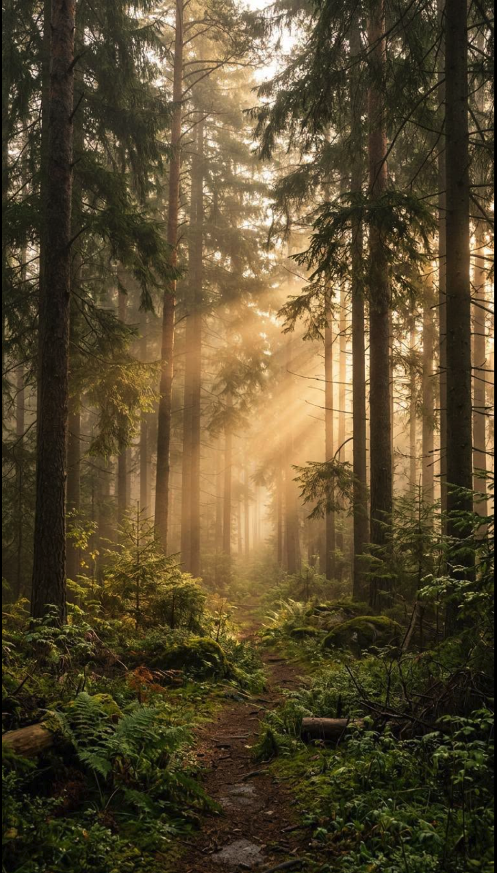 A misty coniferous forest with tall evergreen trees, sunbeams streaming through the canopy onto a fern-lined dirt path.