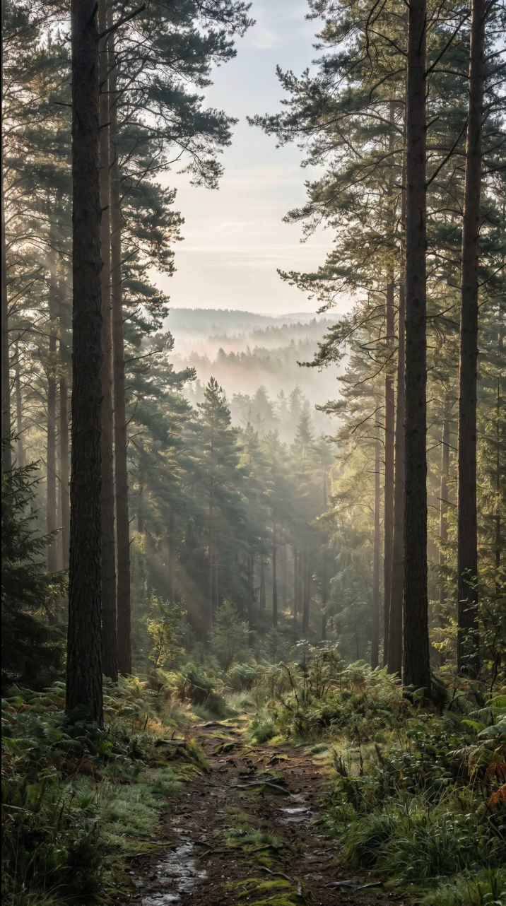 A misty pine forest at dawn with sunlight streaming through tall trees onto a dirt path.