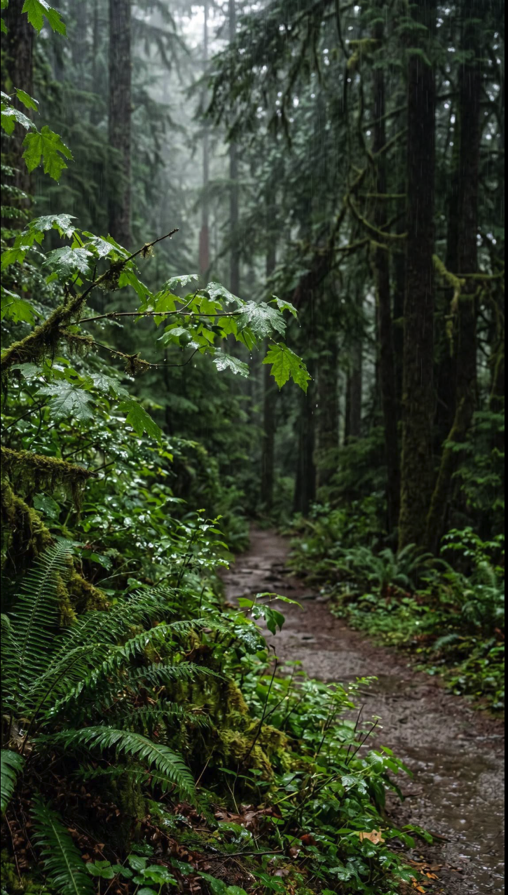 A dirt path winding through a misty rainforest, lined with ferns, moss-covered logs, and tall coniferous trees in soft fog.