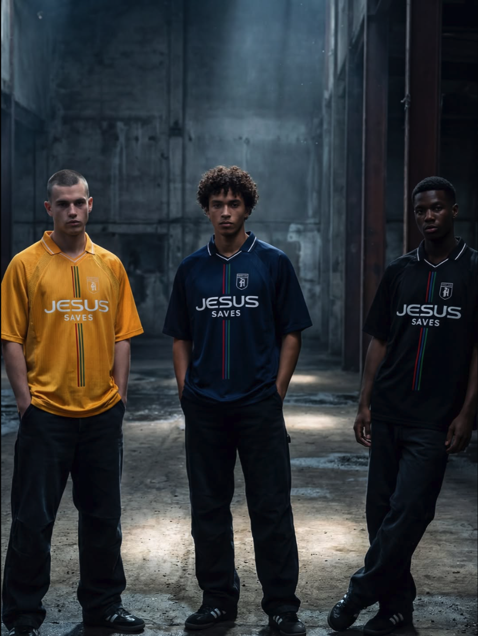 Three young men in 'Jesus Saves' jerseys, standing in a dark industrial interior.