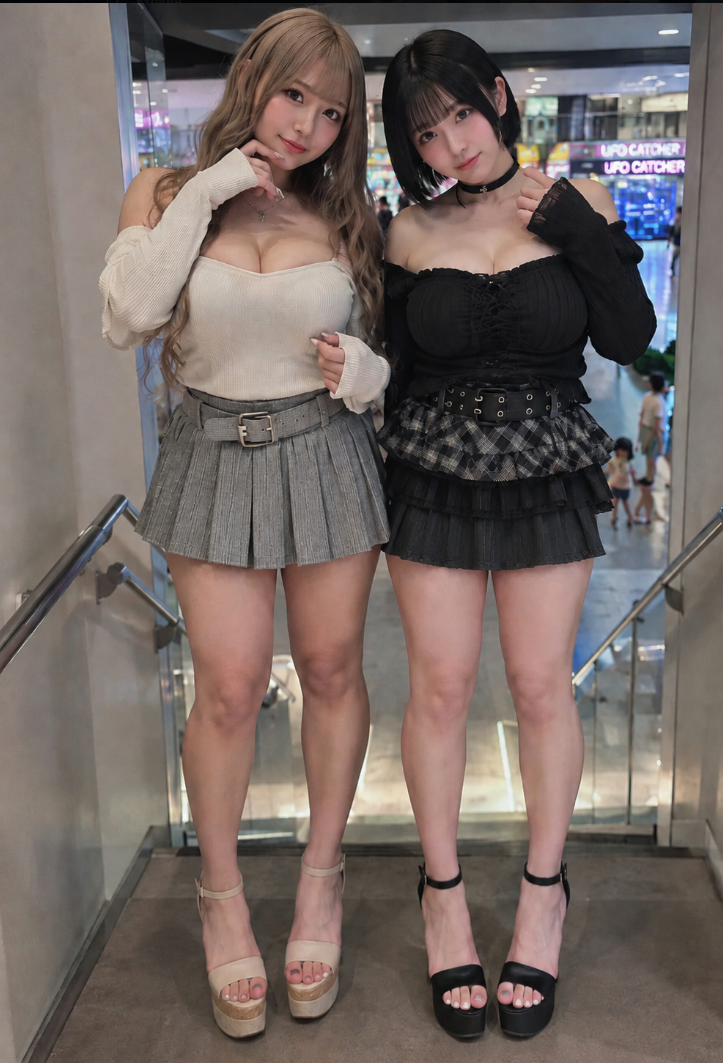 Two women, one resembling Momo Asakura, posing together inside an indoor arcade with claw machines visible behind them.