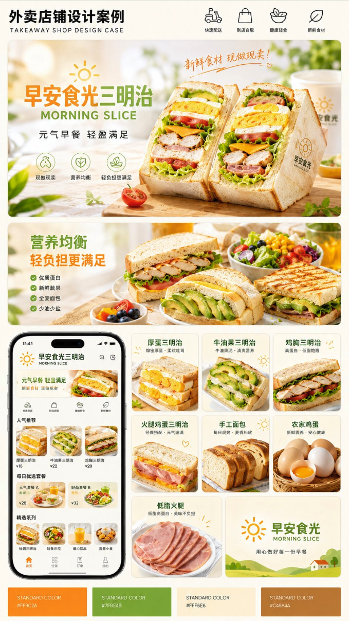 Promotional design layout for the Morning Slice takeaway shop, featuring sandwich photos and a mobile shopping-app interface mockup.