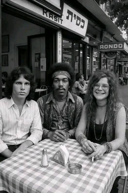 Three people resembling Jim Morrison, Jimi Hendrix, and Janis Joplin seated at an outdoor café table.