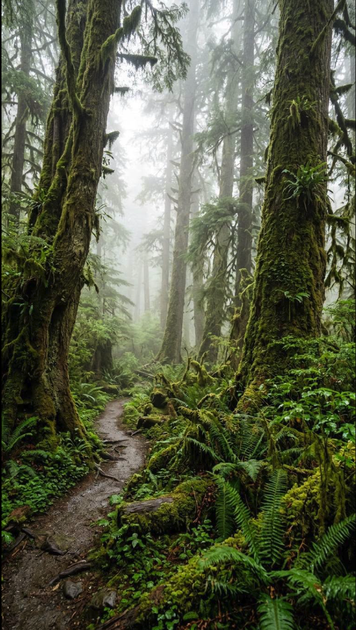 A narrow dirt path winding through tall moss-covered trees in a misty forest.