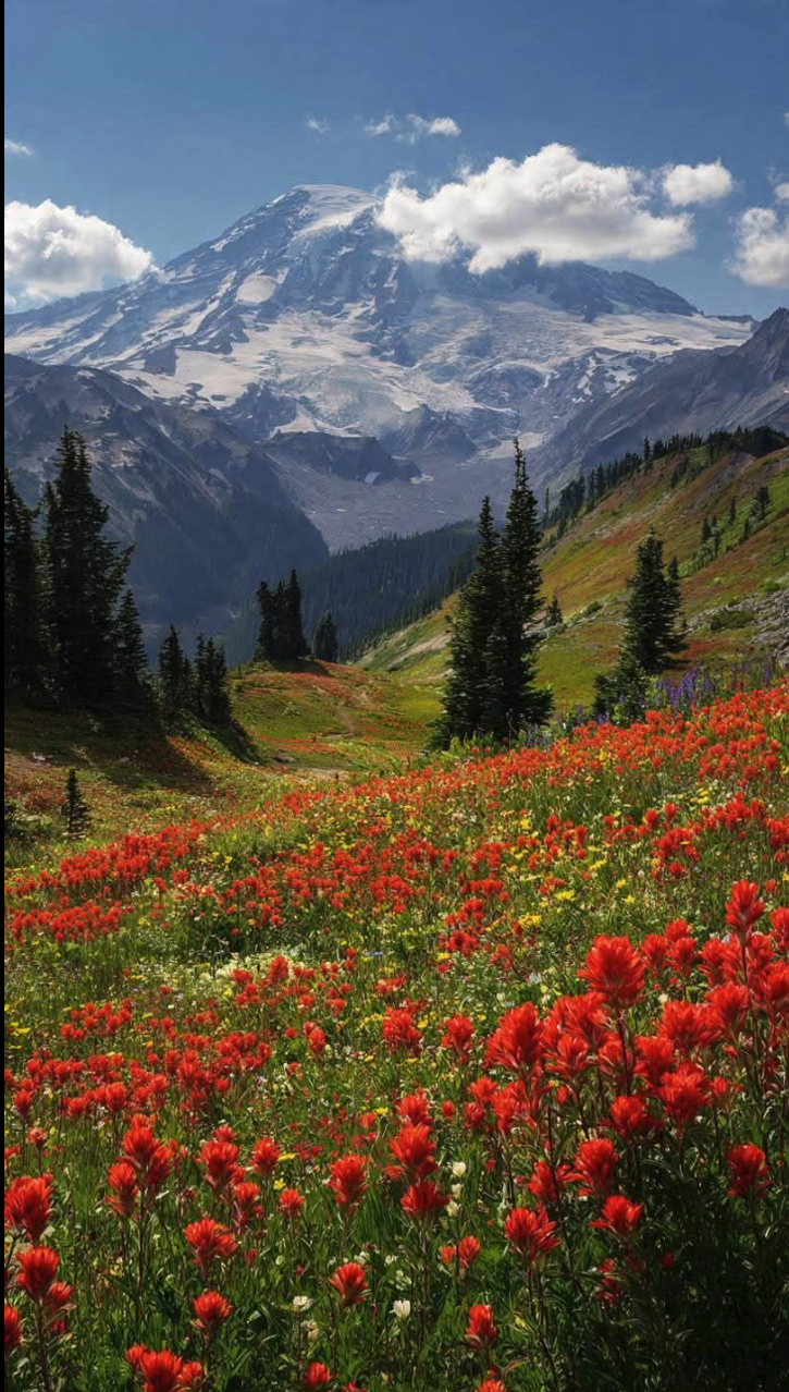 A snow-capped mountain peak rising above a meadow of red wildflowers, with evergreen trees and a partly cloudy blue sky.
