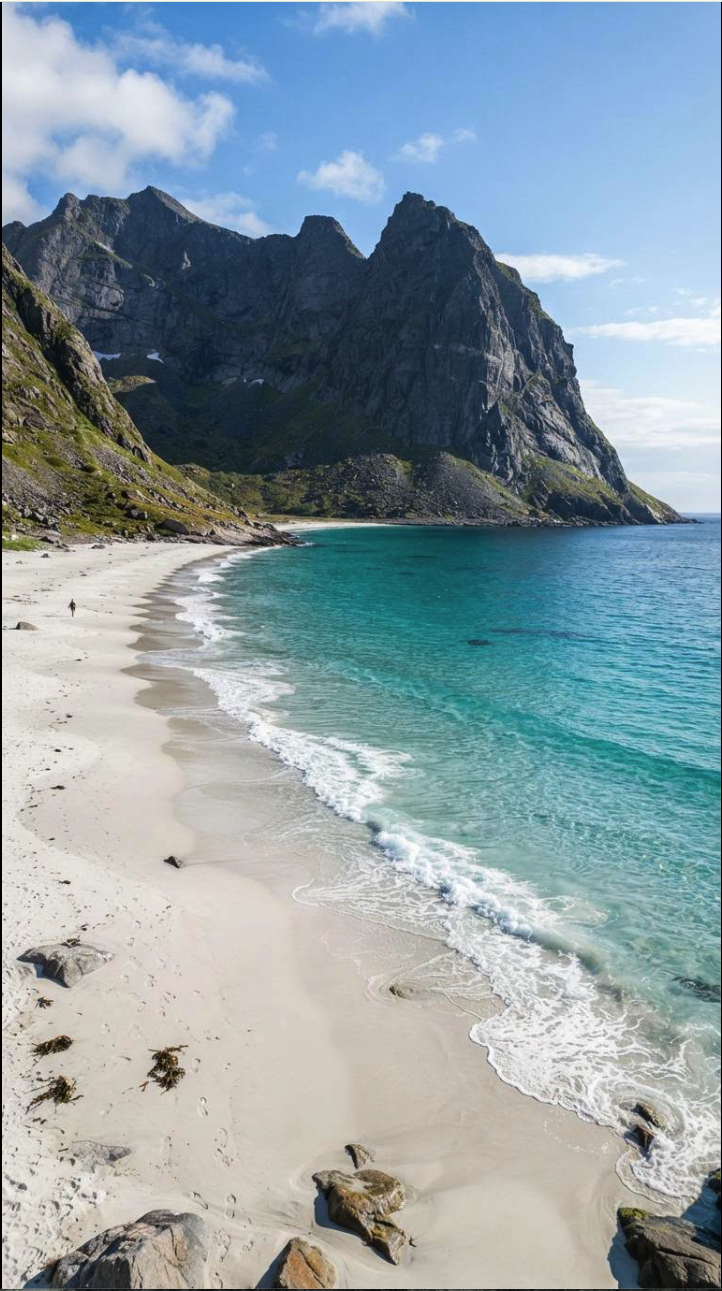 A sandy beach curving along turquoise water at the base of jagged mountains under a partly cloudy sky.