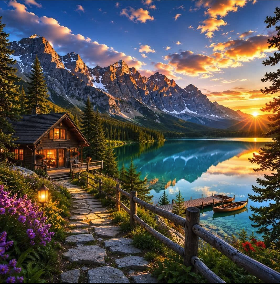 A wooden cabin beside a turquoise mountain lake at sunset, with a dock, small boats, and snow-capped peaks in the background.