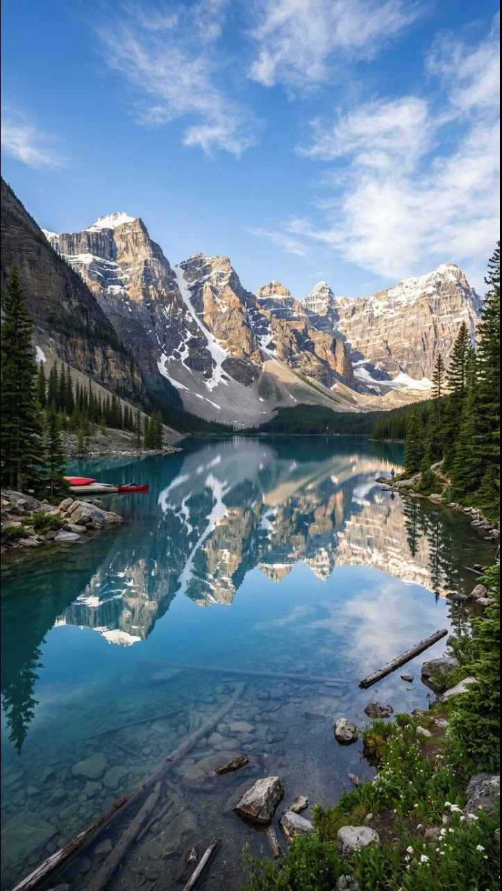 A clear turquoise mountain lake reflecting snow-capped rocky peaks, with red canoes on the shore and evergreen trees.