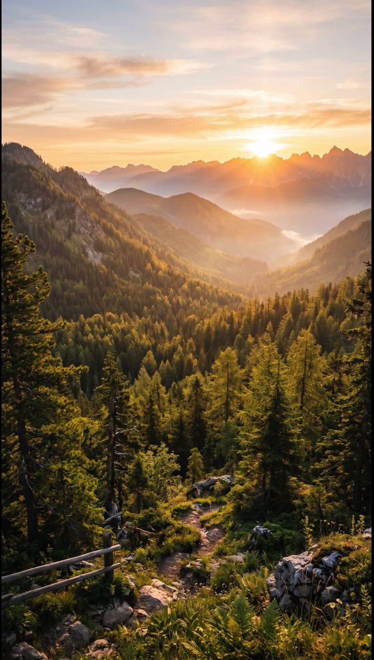 A sweeping view of forested mountains at sunset, with a rocky trail in the foreground.