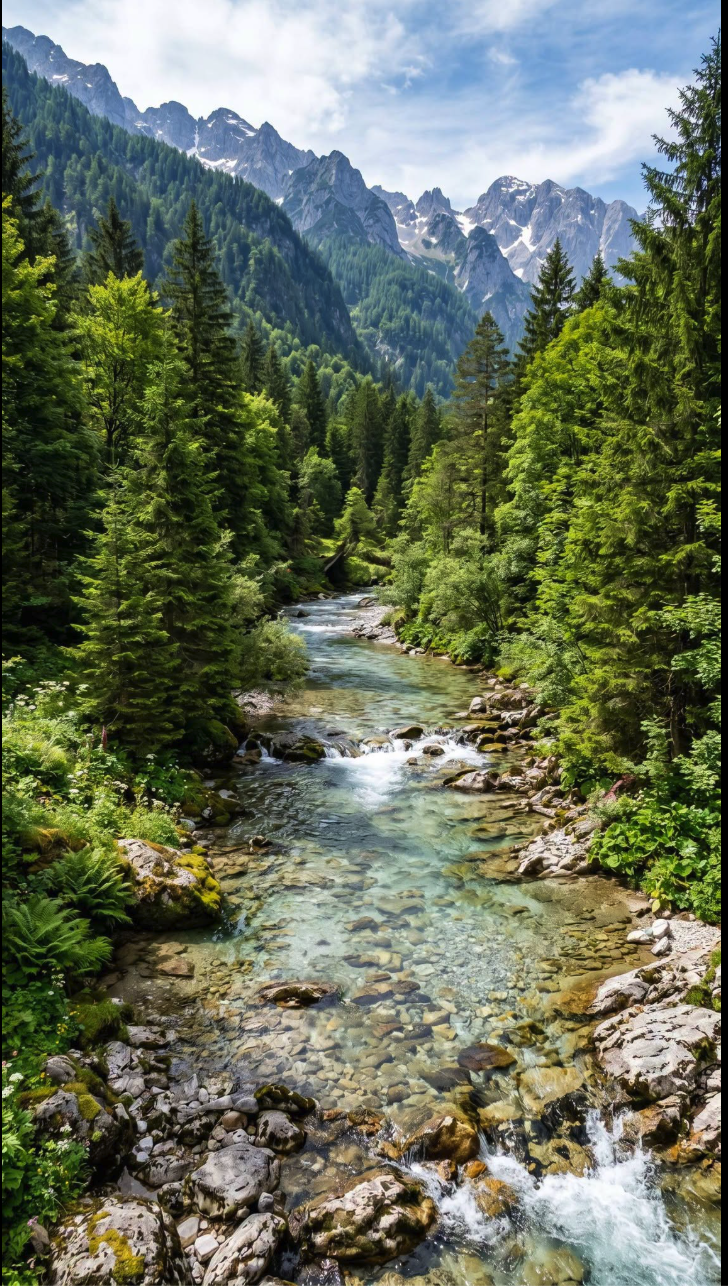 A clear mountain stream flows through a rocky forest valley of evergreen trees toward jagged snow-capped peaks under a partly cloudy sky.