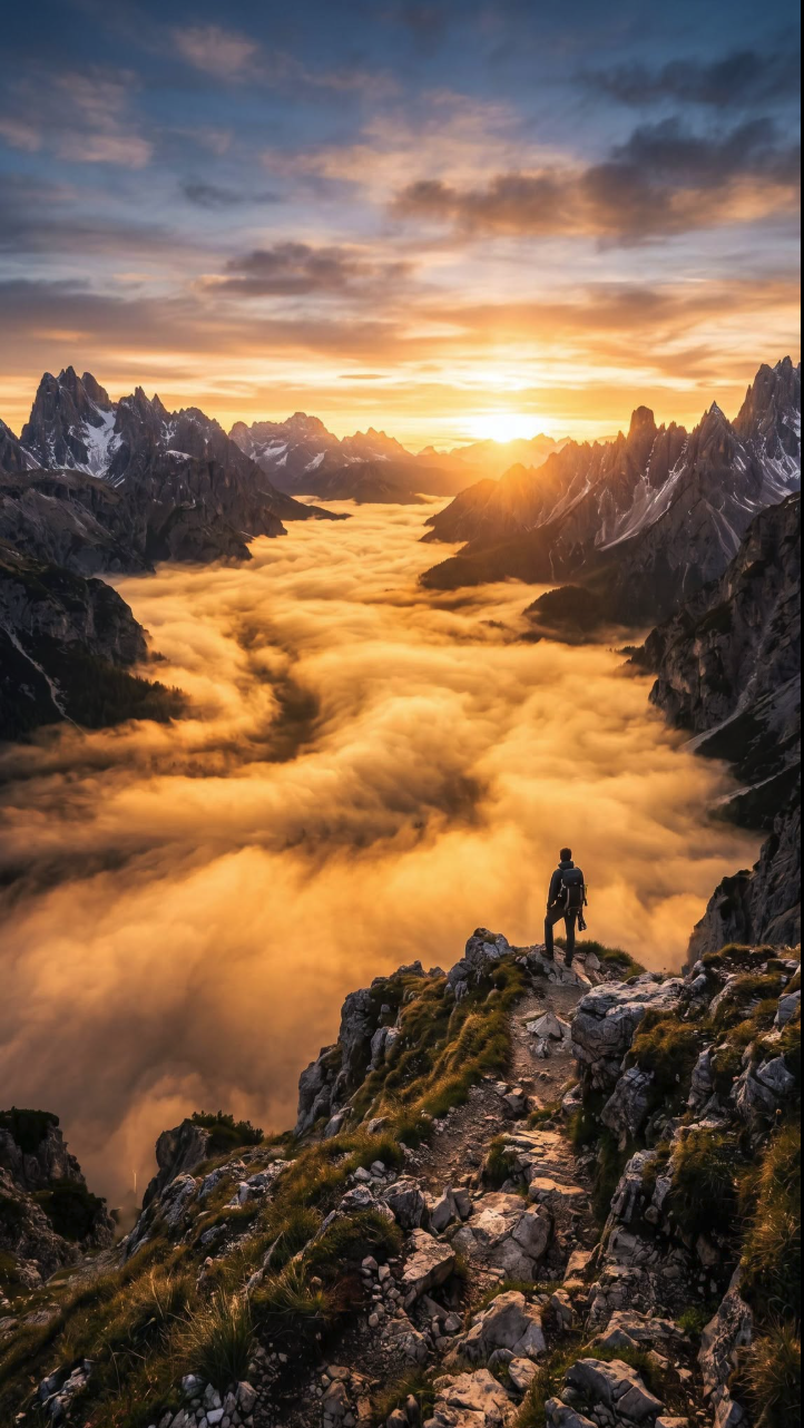 A lone figure standing on a rocky mountain ridge above a sea of clouds, with jagged peaks at sunset.