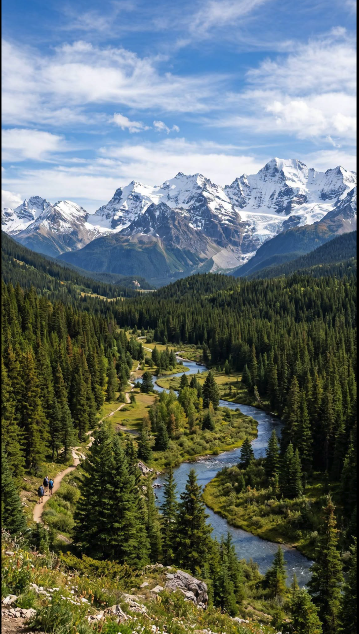 A scenic landscape with snow-capped mountain peaks, a winding river, evergreen forests, and two small hikers on a dirt trail.