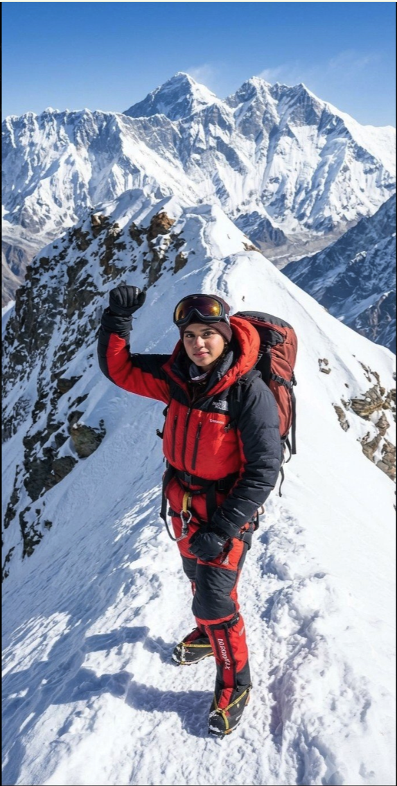 A person in a red and black mountaineering suit posing on a snowy ridge with dramatic snow-capped peaks behind.