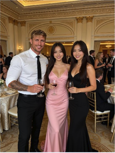 Three people standing together with wine glasses in an ornate ballroom.