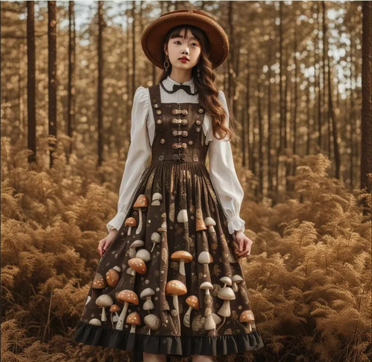 A woman in a wide-brimmed brown hat and a brown dress printed with mushrooms, standing in an autumn-toned forest.