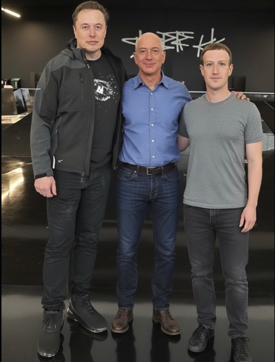 Three men resembling Elon Musk, Jeff Bezos, and Mark Zuckerberg standing close together and posing indoors.