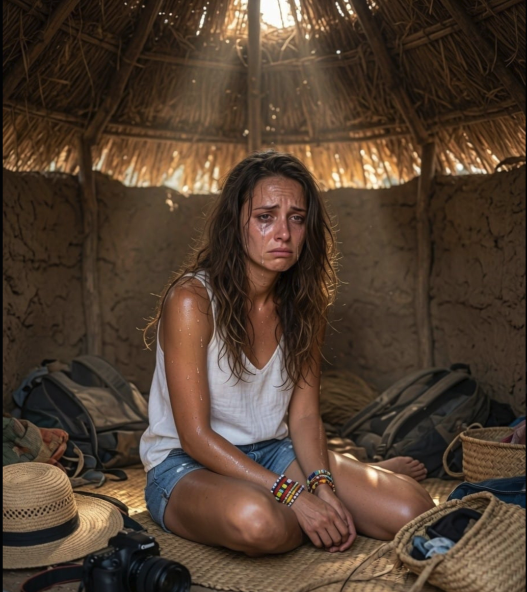 A woman seated on the floor of a thatched hut, wearing a white tank top and denim shorts.