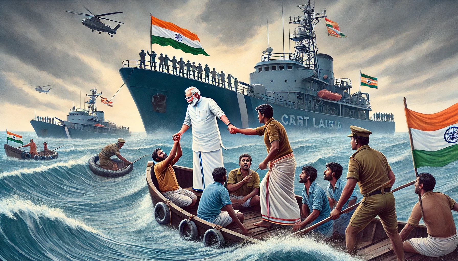 A painted illustration of a man resembling Narendra Modi standing in a small wooden boat at sea, shaking hands with a man resembling Pawan Kalyan, with Indian naval ships and flags in the background.