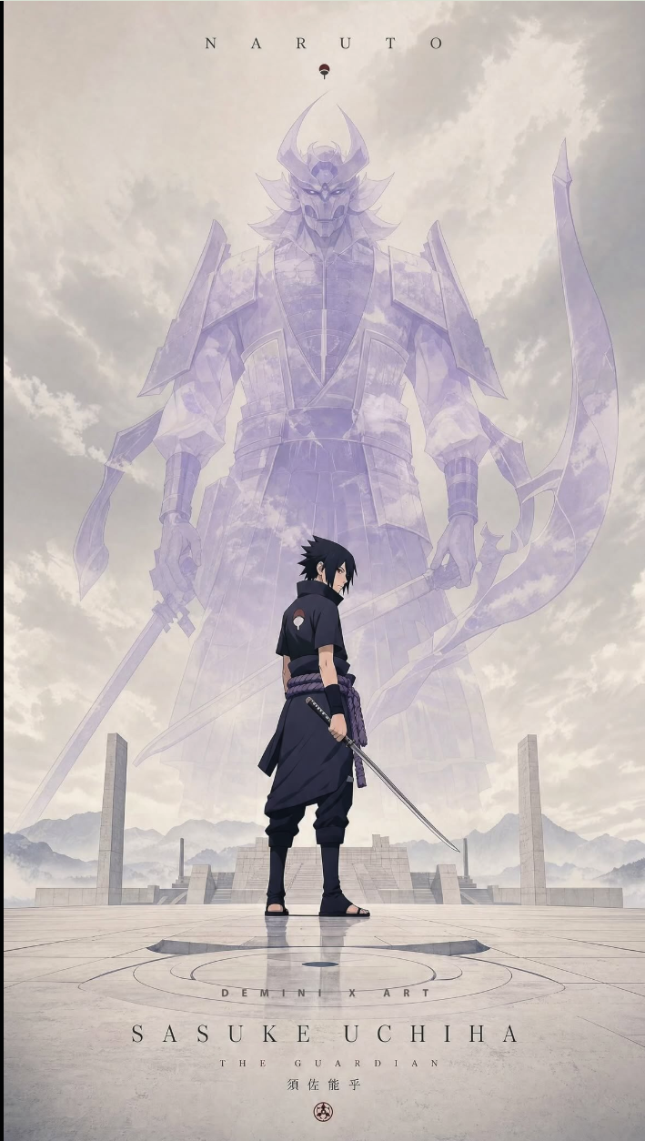 Anime-style illustration appearing to depict Sasuke Uchiha standing on a stone platform before a towering translucent armored samurai figure.