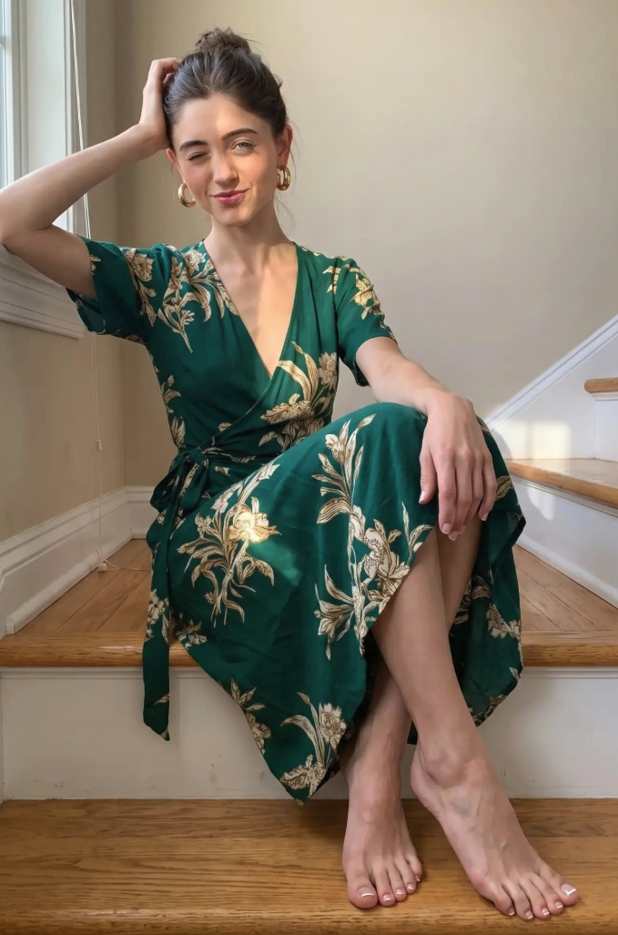 A woman resembling Natalia Dyer seated on a wooden staircase, winking while wearing a green floral wrap dress.