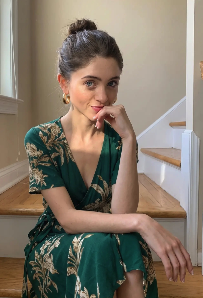 A woman resembling Natalia Dyer seated on wooden stairs in a green floral wrap dress with her hand resting near her chin.