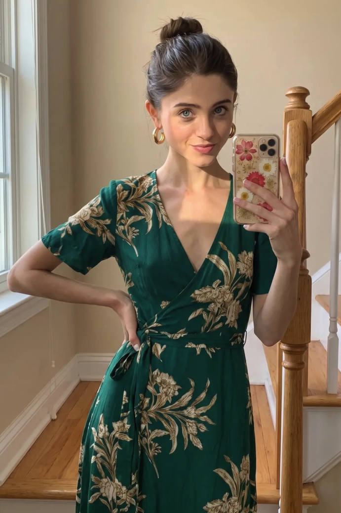 A woman resembling Natalia Dyer taking a mirror selfie in a green floral wrap dress on a staircase landing.
