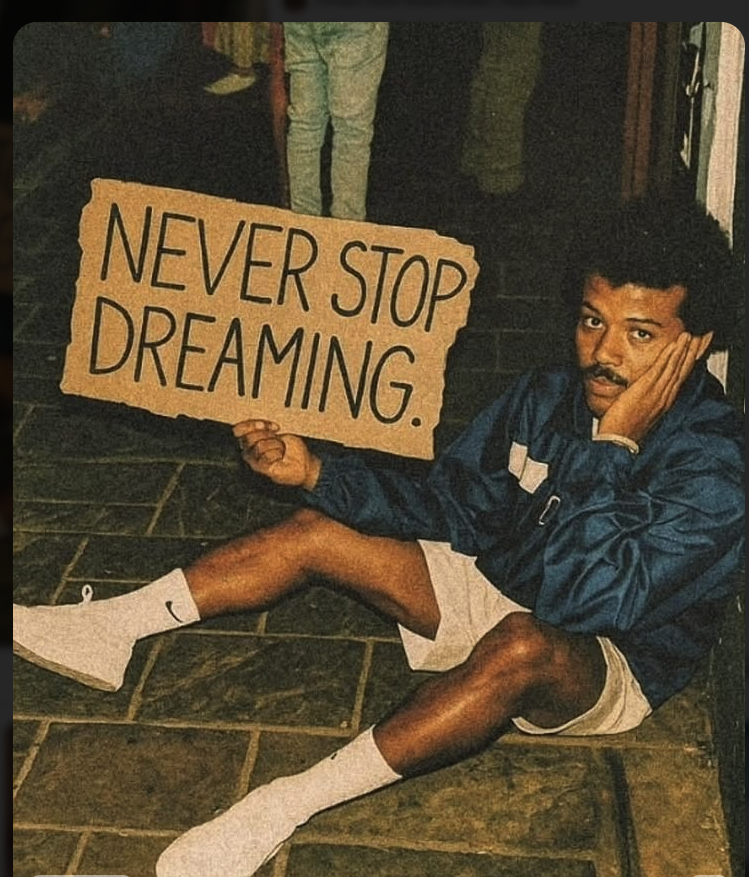 A man resembling Neil deGrasse Tyson seated on a tiled floor holding a cardboard sign reading 'Never Stop Dreaming.'