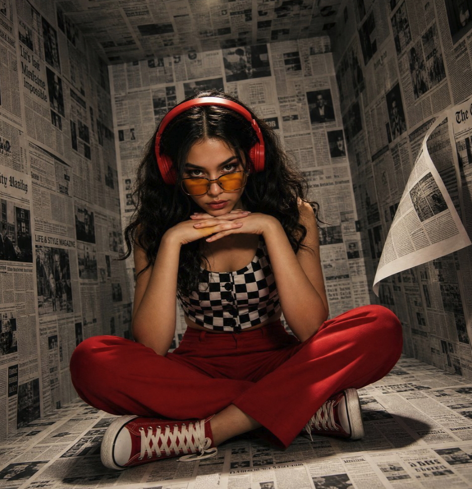 A woman seated cross-legged in a room covered in newspaper pages, wearing red headphones and a checkered top.