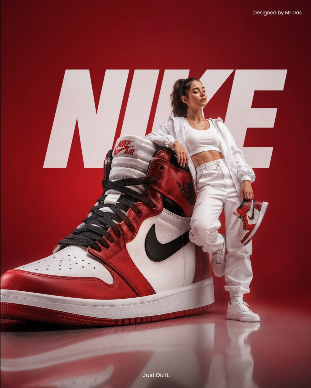 An unidentified woman in white athletic wear leaning against an oversized red and white Air Jordan 1 sneaker, with a large NIKE logo behind her.