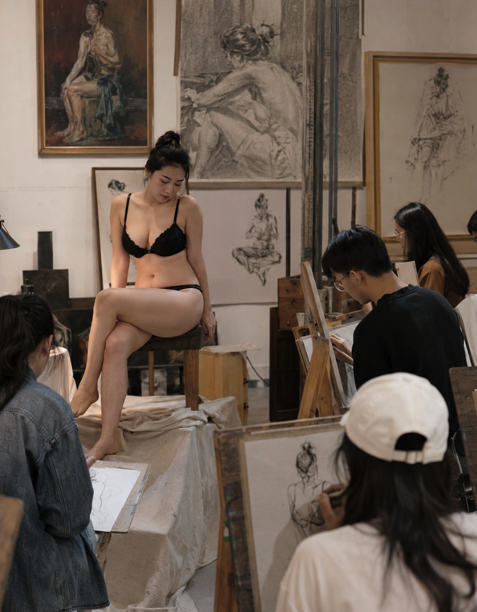 A woman seated in black lingerie on a wooden stool, posing as a figure model for artists at easels in a studio.